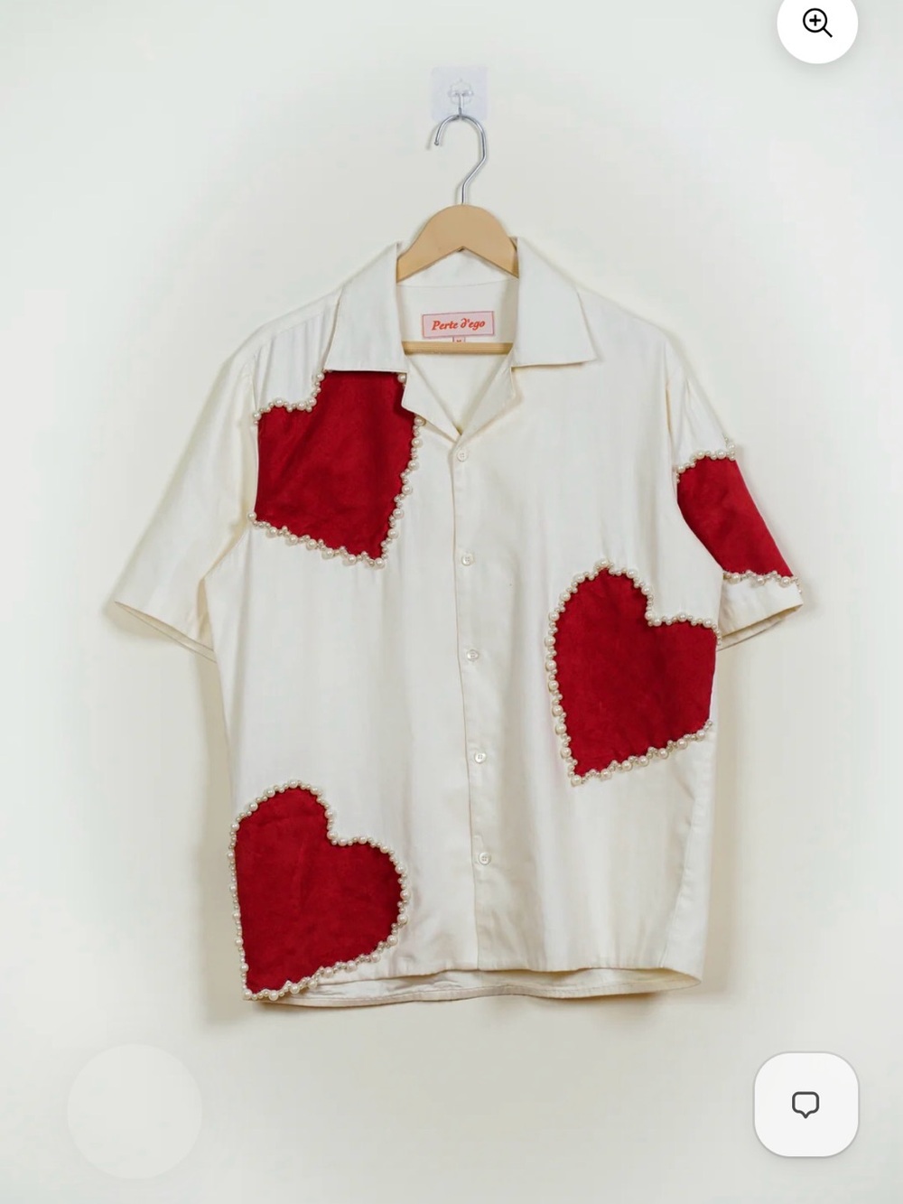 Perte d’ego Heart Appliqué with Pearls Short-Sleeve Shirt with Red Heart Patches
